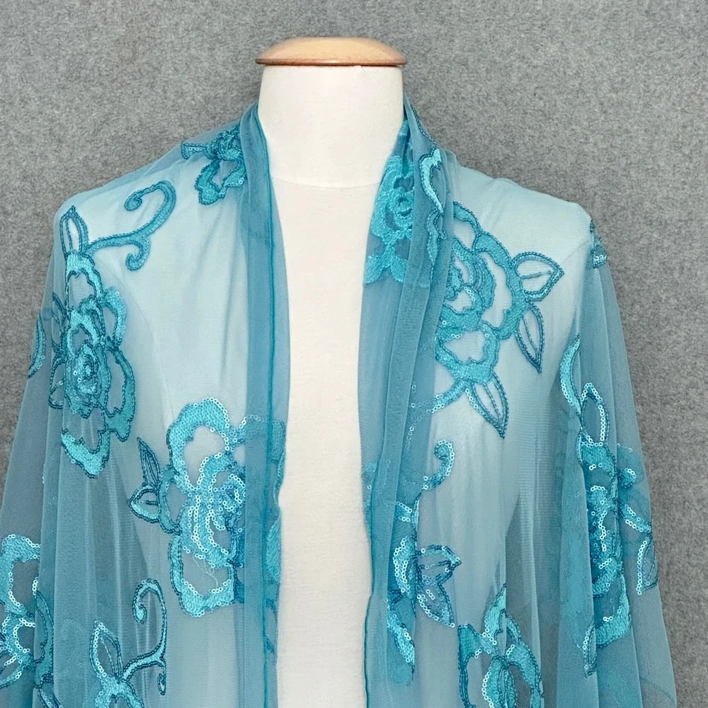 Tosca Blu Aqua Blue Floral Sequin Mesh Evening Wrap Shawl Scarf Evening Wedding